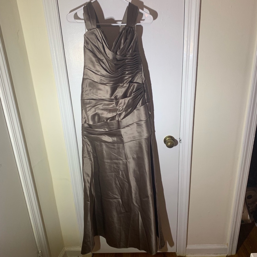 Taupe satin bridesmaid dress